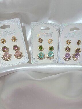3 x 12 Princess Accessories Floral Dangle Earrings Set Multicolor Rhineston